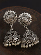 Floral Dome Pearl Silver tone Jhumka