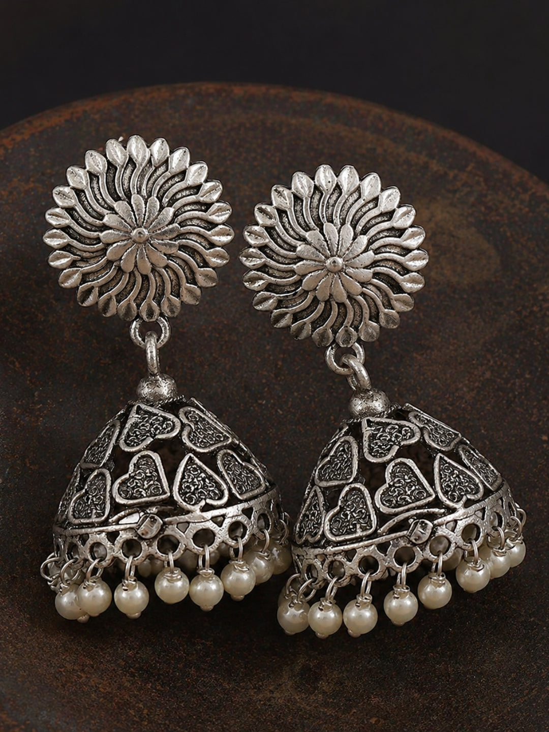 Floral Dome Pearl Silver tone Jhumka