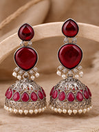 Red Stone Silver Tone Jhumki Earrings