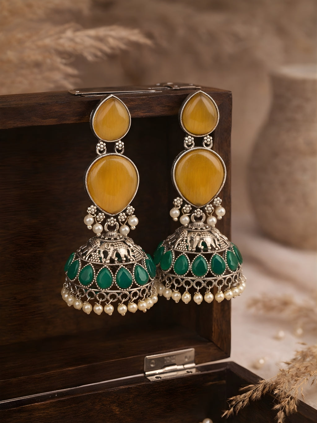 Silver Finish Green Stone Elephant Jhumki