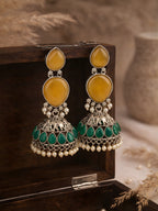 Silver Finish Green Stone Elephant Jhumki