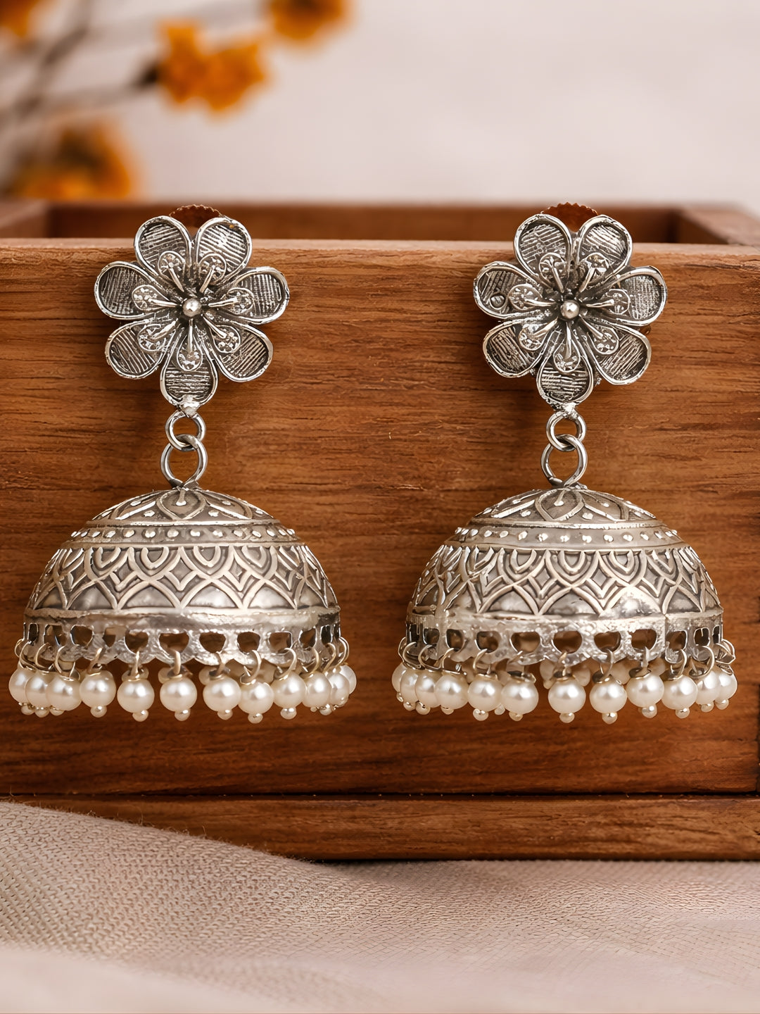 Silver finish Floral Pearl Jhumki Earrings