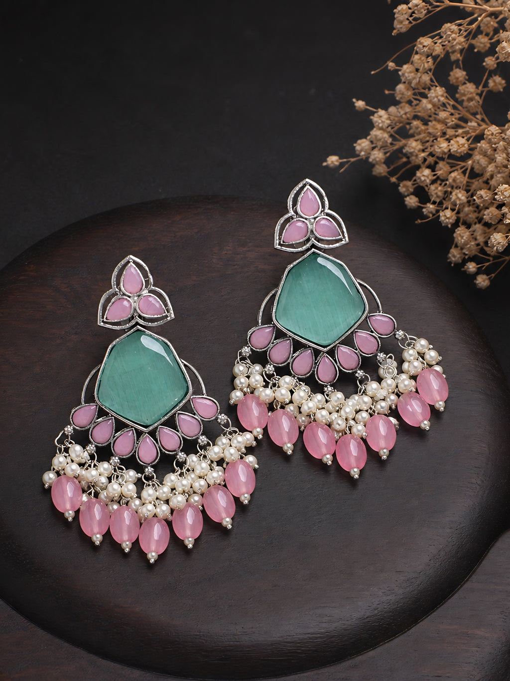 Pink & Turquoise Chandelier Earrings Silver Finish