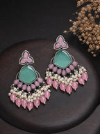 Pink & Turquoise Chandelier Earrings Silver Finish