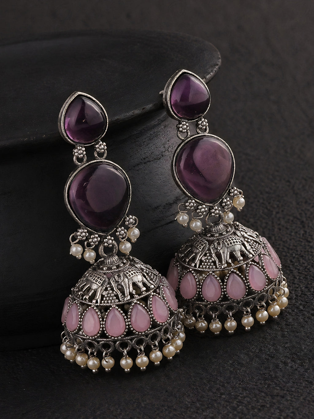 Purple Pink Stone Silver Finish Jhumka Earrings