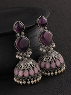 Purple Pink Stone Silver Finish Jhumka Earrings