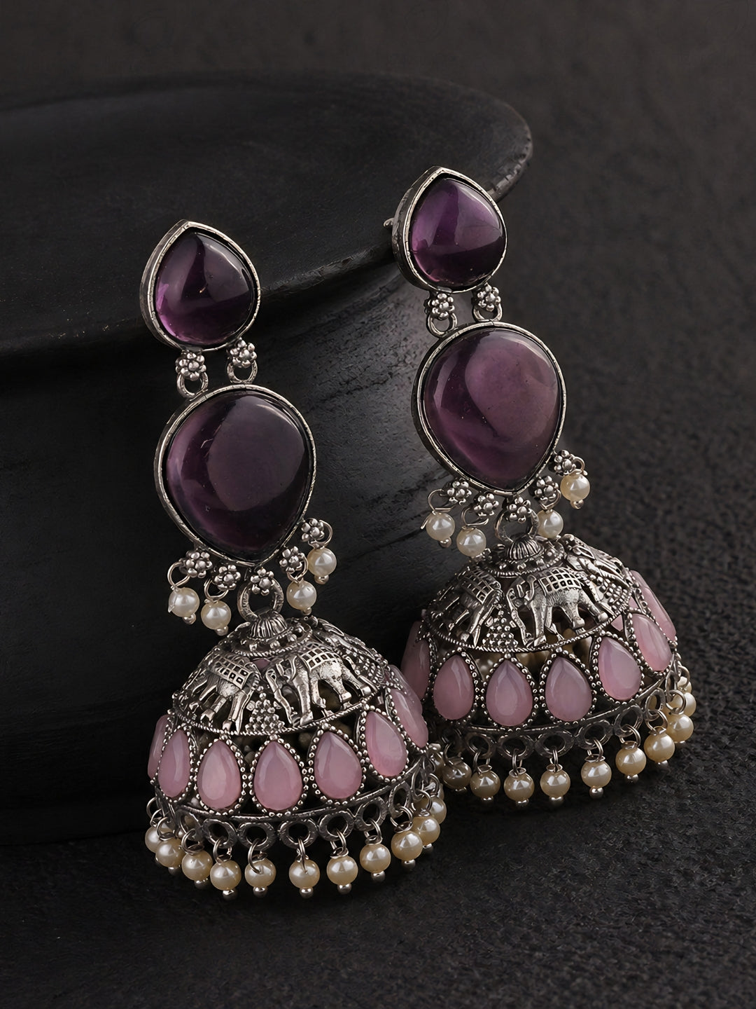 Purple Pink Stone Silver Finish Jhumka Earrings