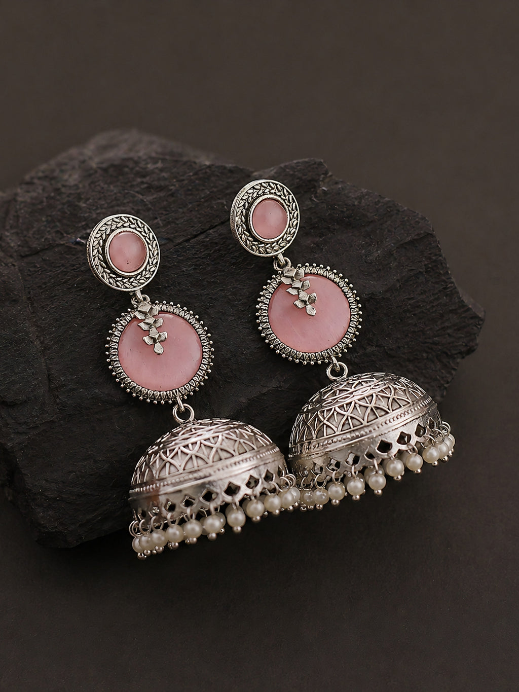 Pink Dome Pearl Drop Silver finish Jhumka