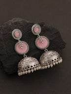 Pink Dome Pearl Drop Silver finish Jhumka