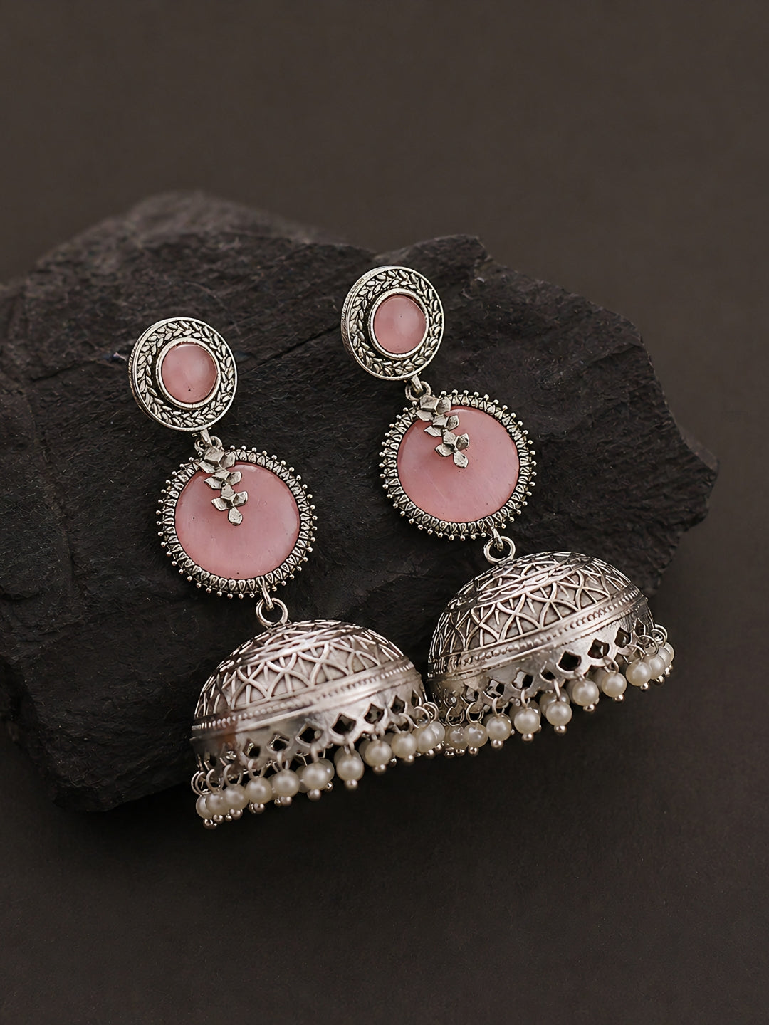 Pink Dome Pearl Drop Silver finish Jhumka