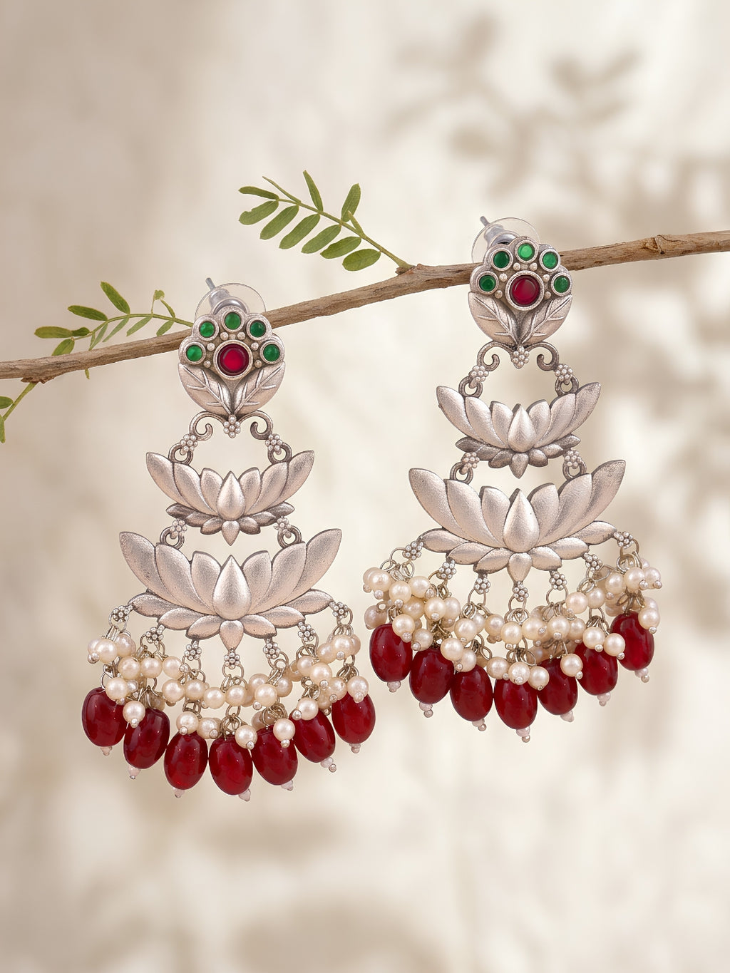 Lotus Pearl Drop Earrings — Red Beads & Silver Finish