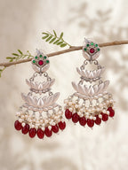 Lotus Pearl Drop Earrings — Red Beads & Silver Finish
