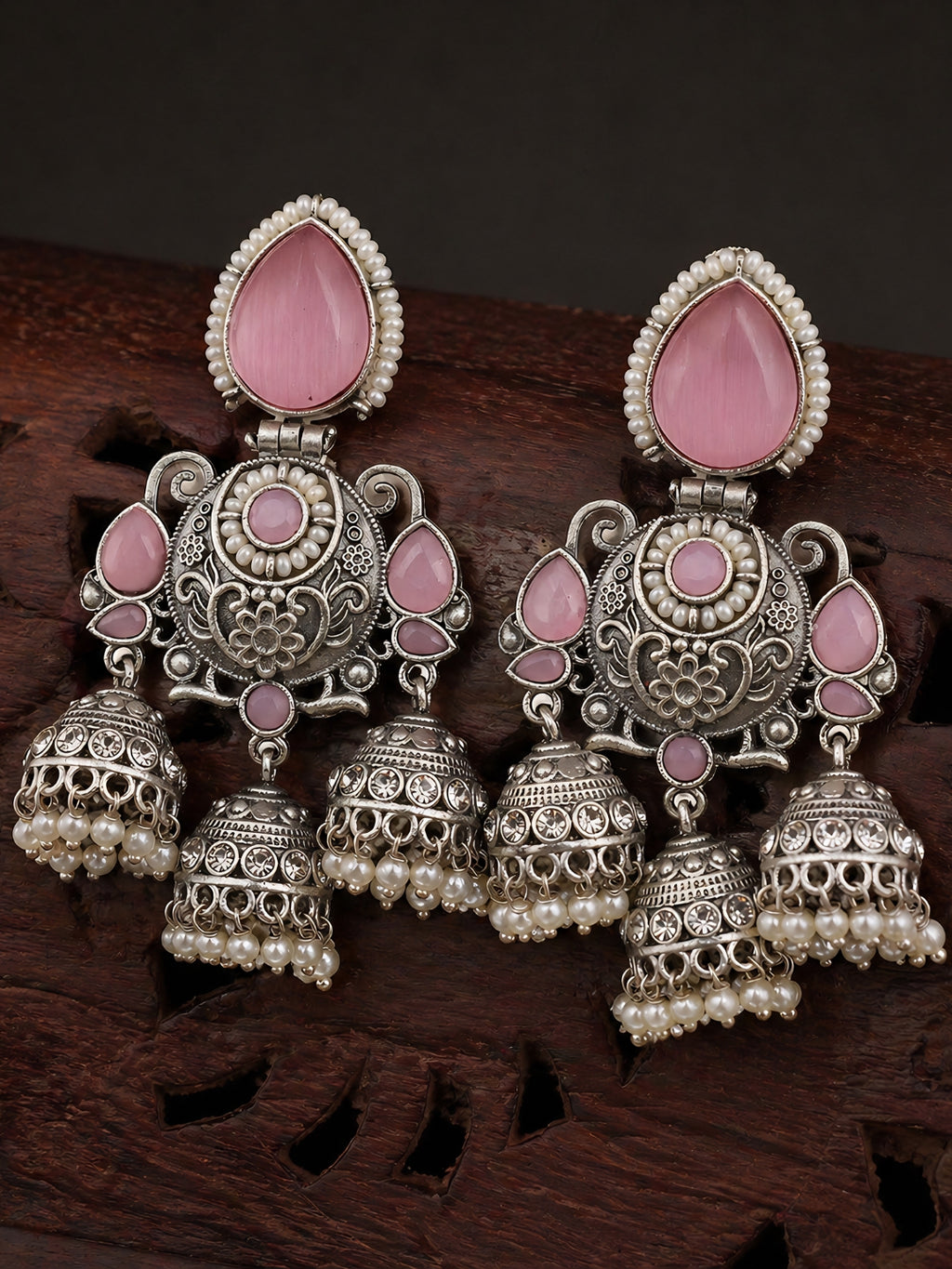 Silver-Finish Pink Stone Pearl Dangler Earrings