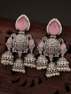 Silver-Finish Pink Stone Pearl Dangler Earrings
