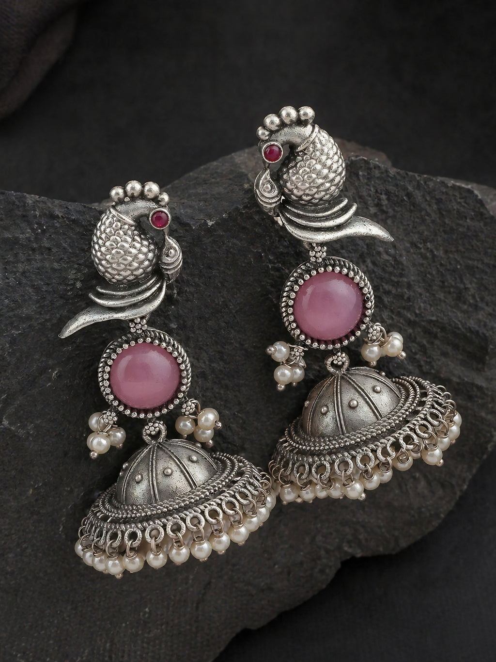 Pink Peacock Silver-Finish Jhumka Earrings