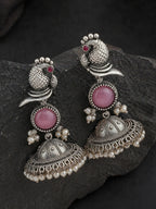 Pink Peacock Silver-Finish Jhumka Earrings