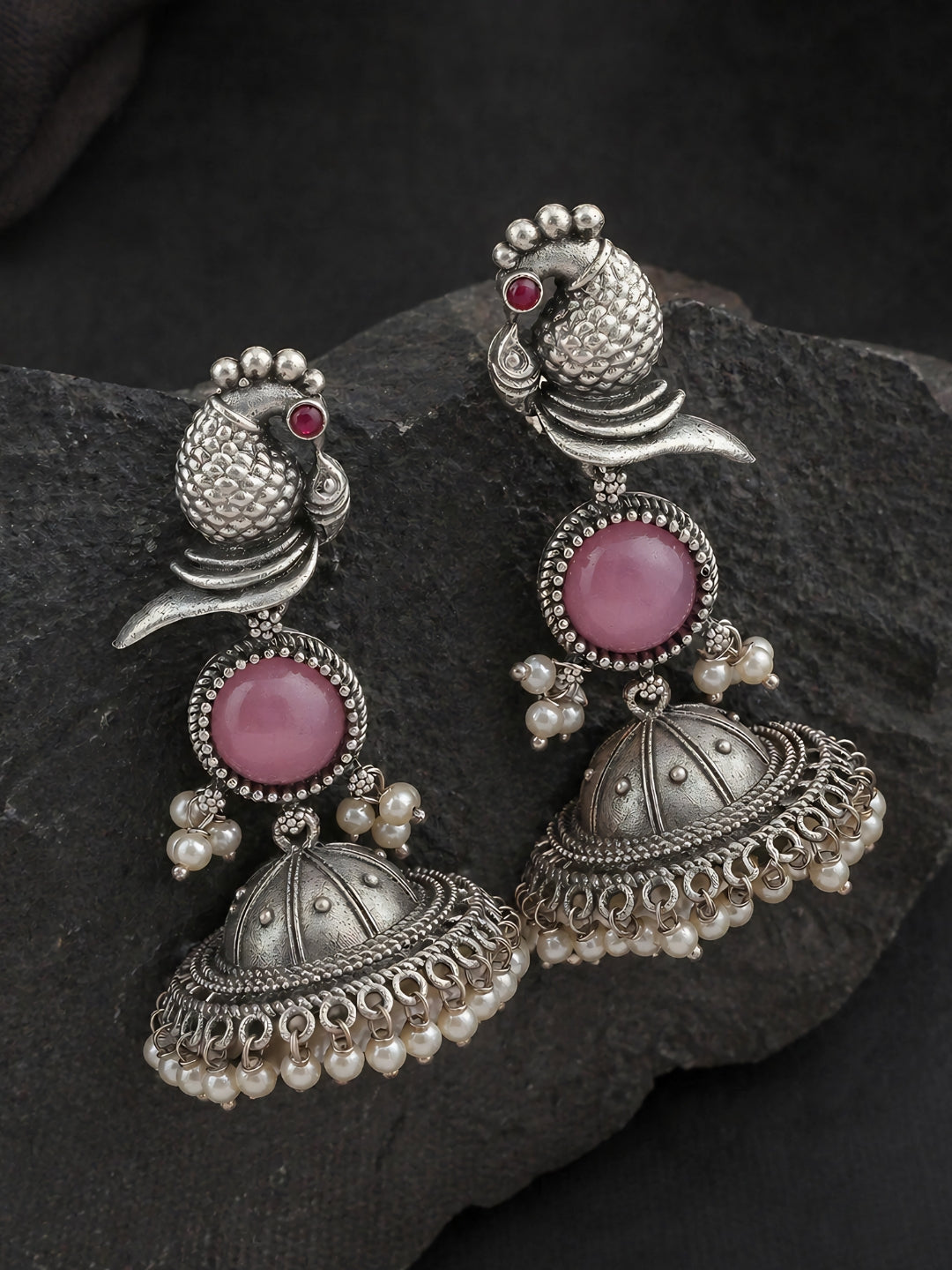 Pink Peacock Silver-Finish Jhumka Earrings