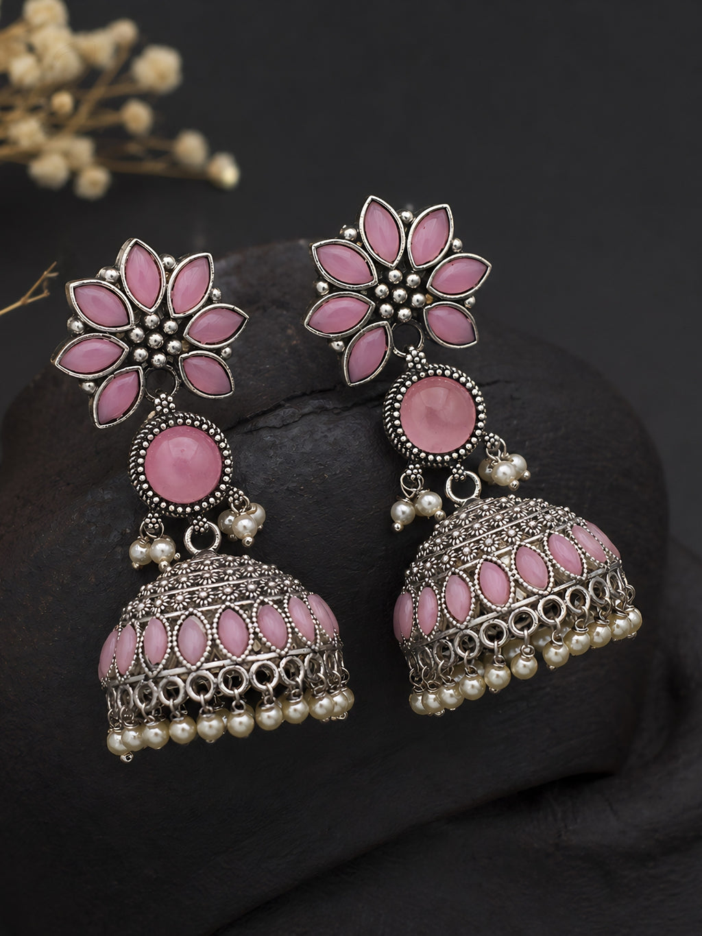 Pink Floral Silver Finish Jhumka Earrings