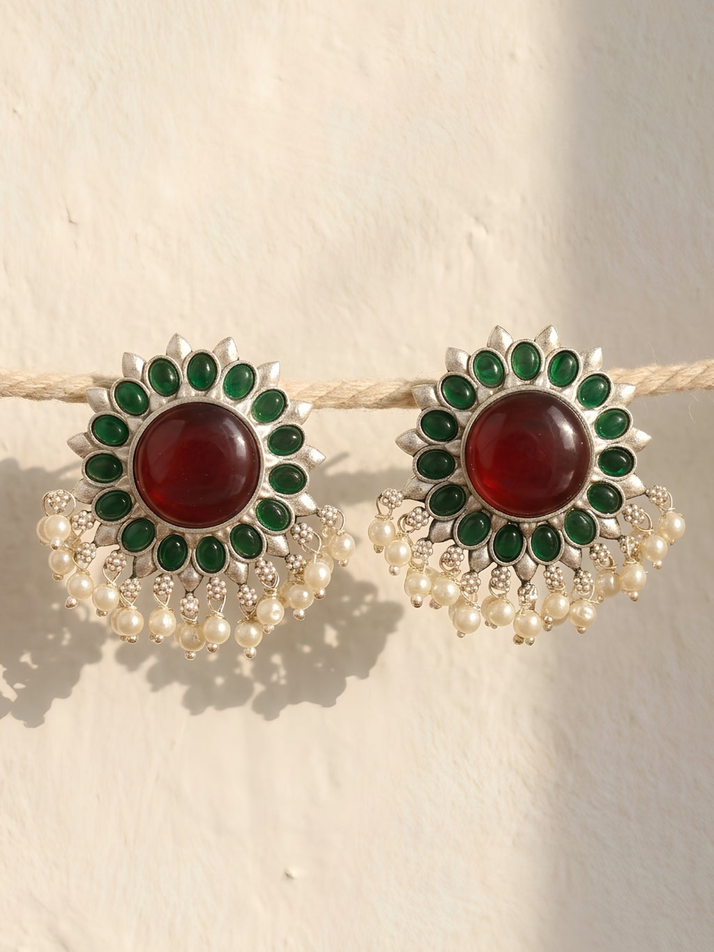 Red Green Floral Silver finish Stud Earrings
