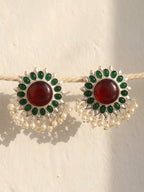 Red Green Floral Silver finish Stud Earrings