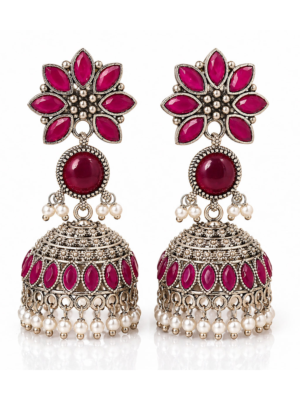 Ruby Floral Silver Finish Jhumki Earrings