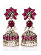 Ruby Floral Silver Finish Jhumki Earrings