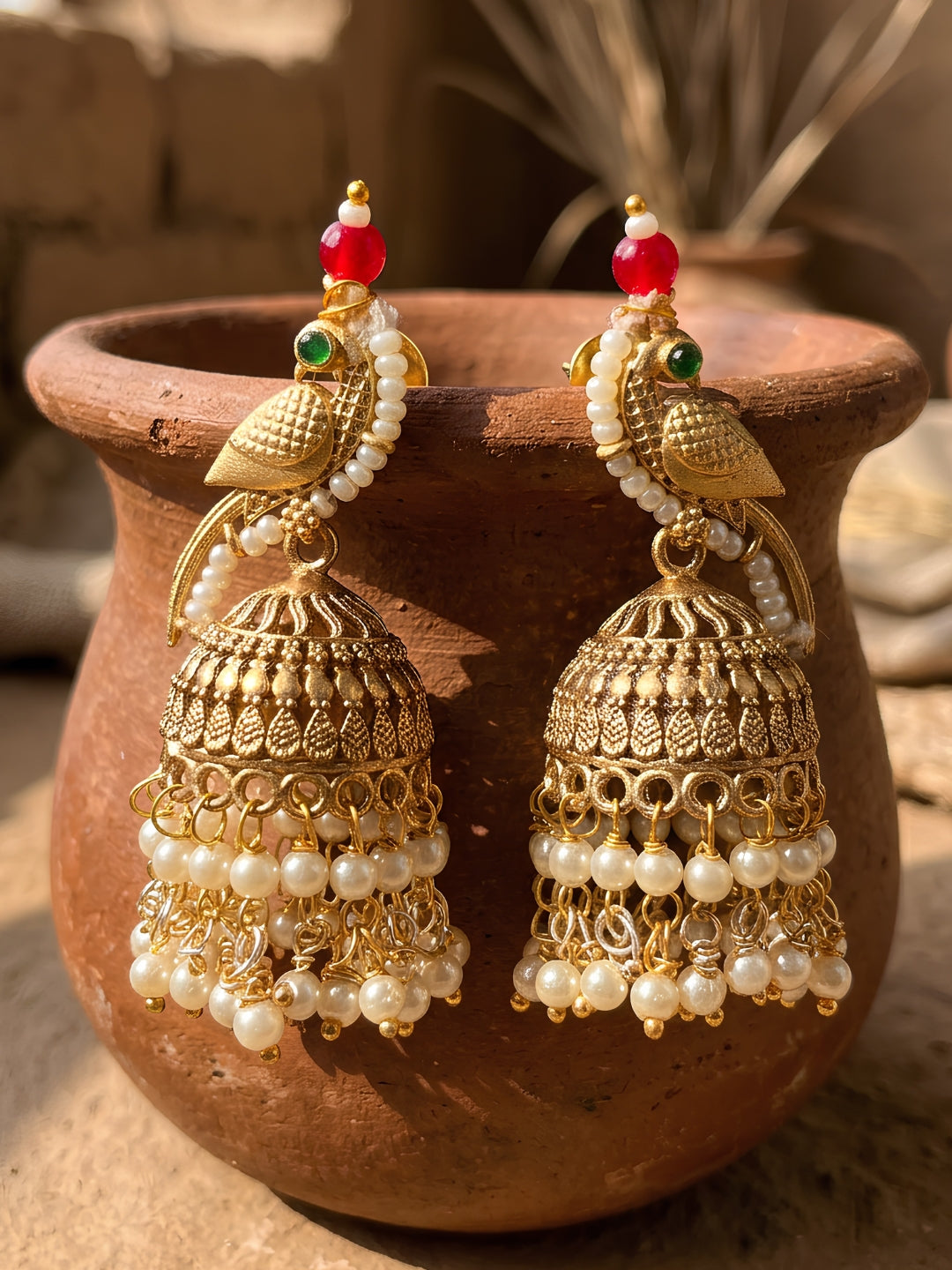 Parrot Jhumki Earrings with Pearl Drop — Gold Finish