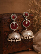 Silver Finish Ruby Red Leaf Disc Jhumki Earrings