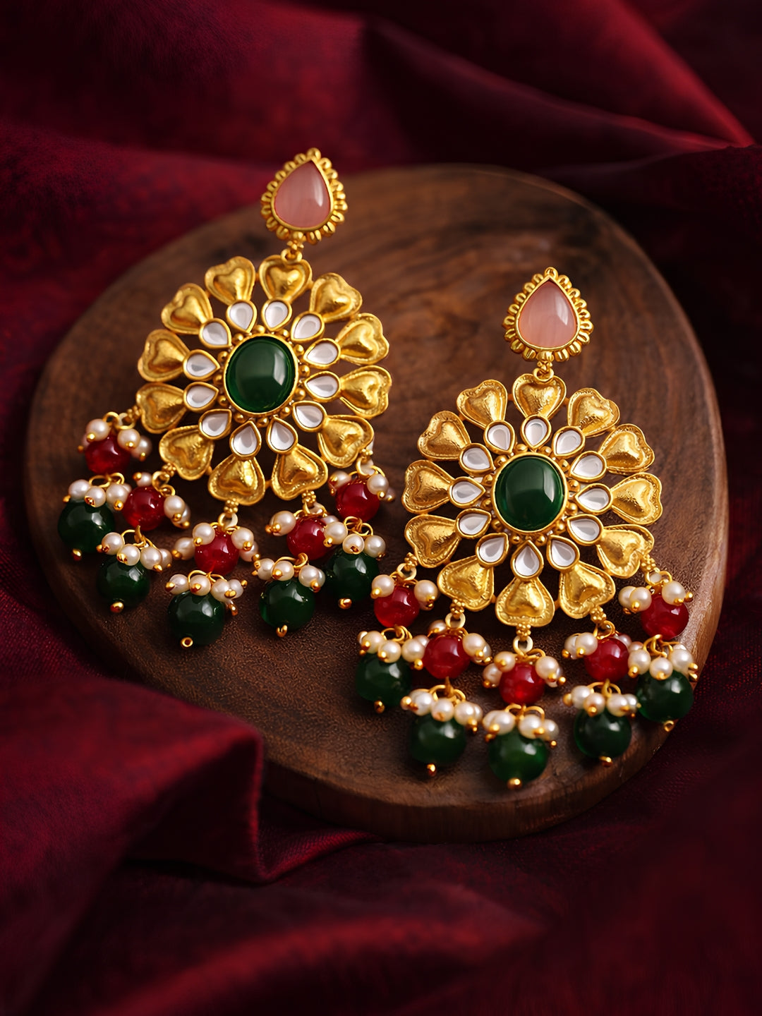 Gold Finish Green Red Floral Dangler Earrings