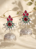 Floral Lotus Jhumki Earrings — Red & Green Stones, Silver Finish