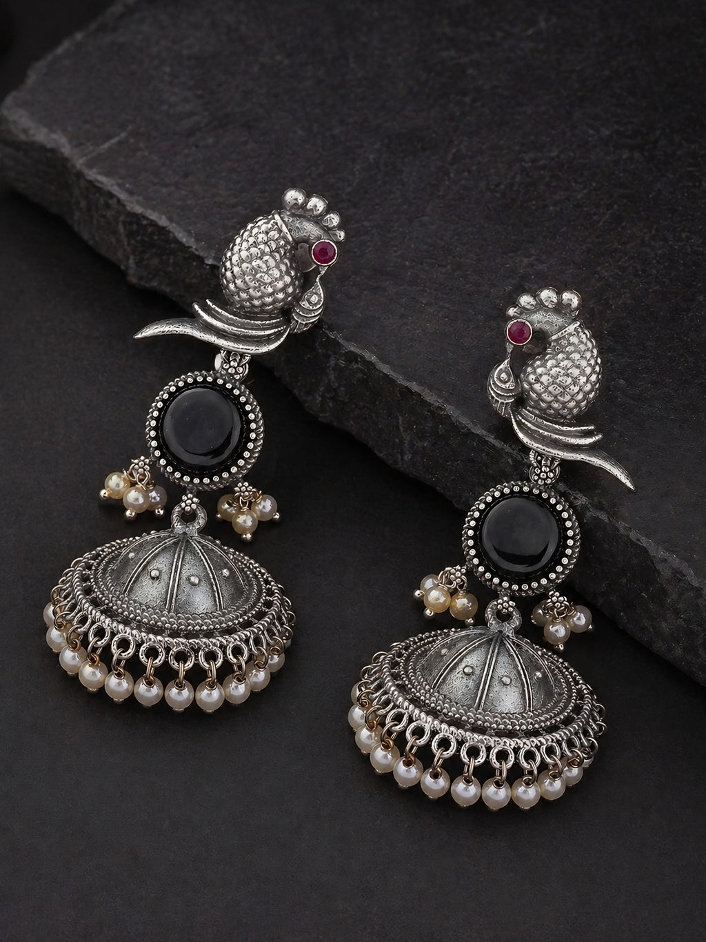 Peacock Black Stone Silver-Finish Jhumka