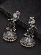 Peacock Black Stone Silver-Finish Jhumka