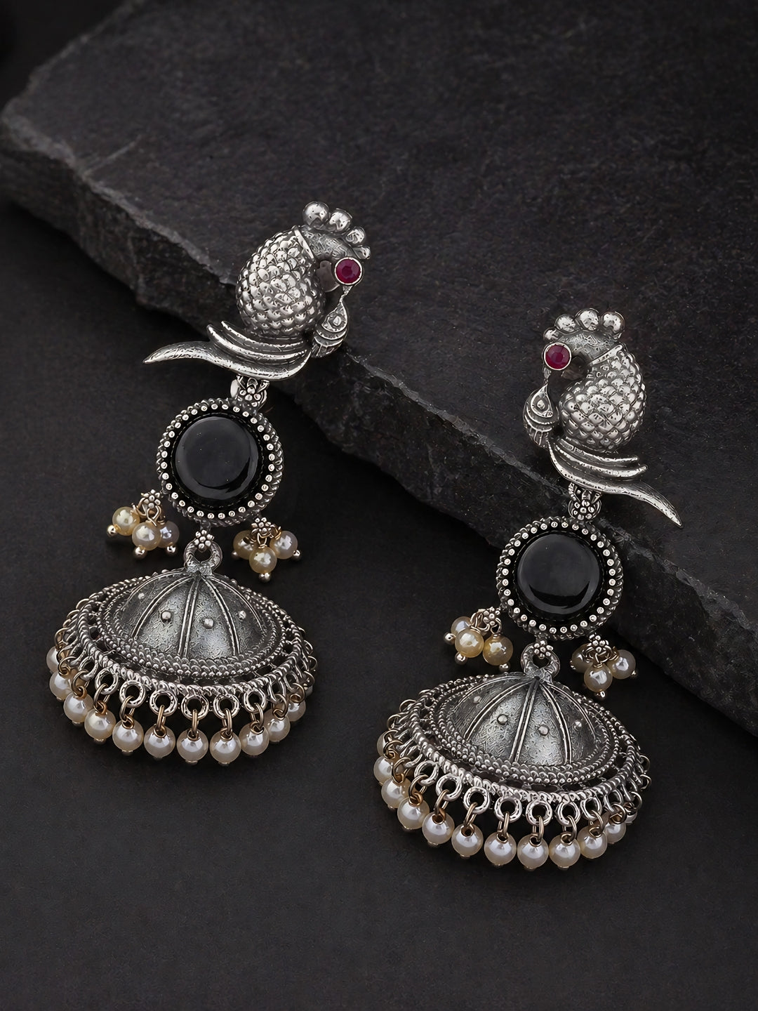 Peacock Black Stone Silver-Finish Jhumka
