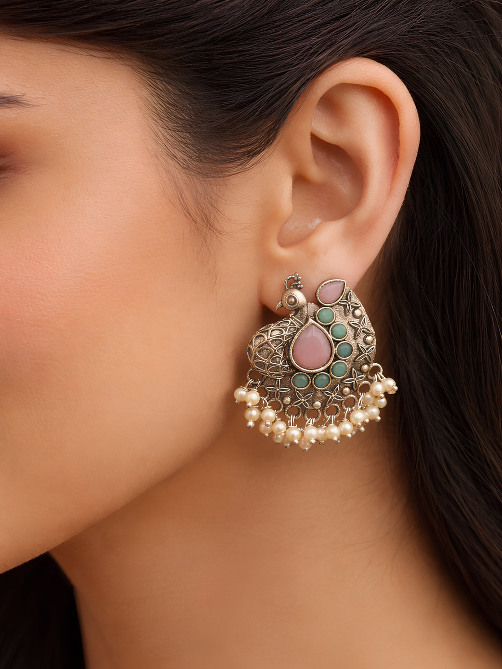 Pink Peacock Pearl Drop Silver finish Studs