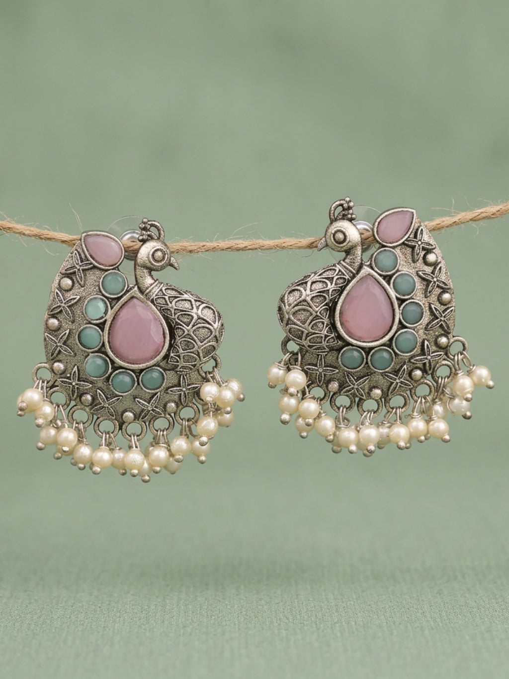Pink Peacock Pearl Drop Stud Earrings — Silver Finish