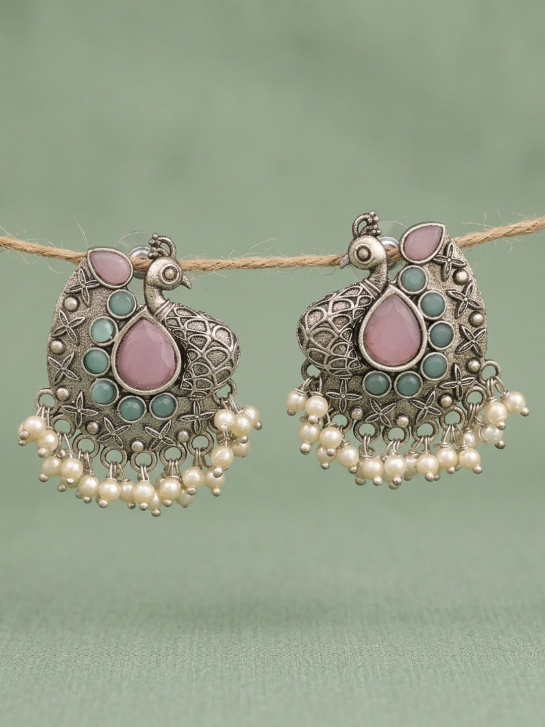 Pink Peacock Pearl Drop Stud Earrings — Silver Finish