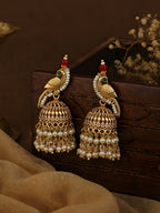 Gold Finish Parrot Jhumki Earrings Pearl Drop