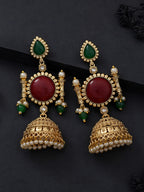 Gold Finish Red Green Jhumki Earrings
