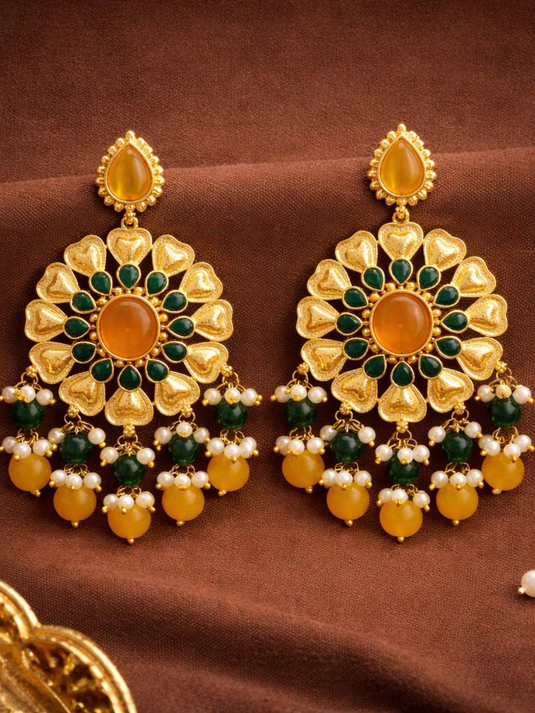 Gold Finish Green Yellow Floral Dangler Earrings