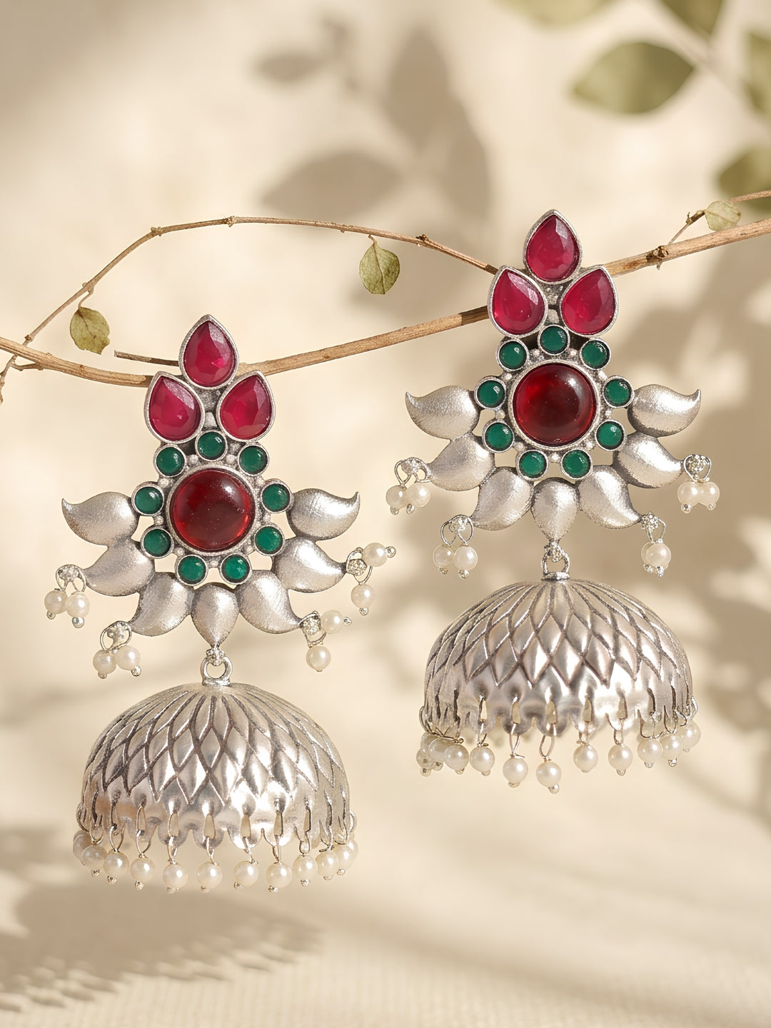 Silver finish Red Green Ethnic Earrings Combo