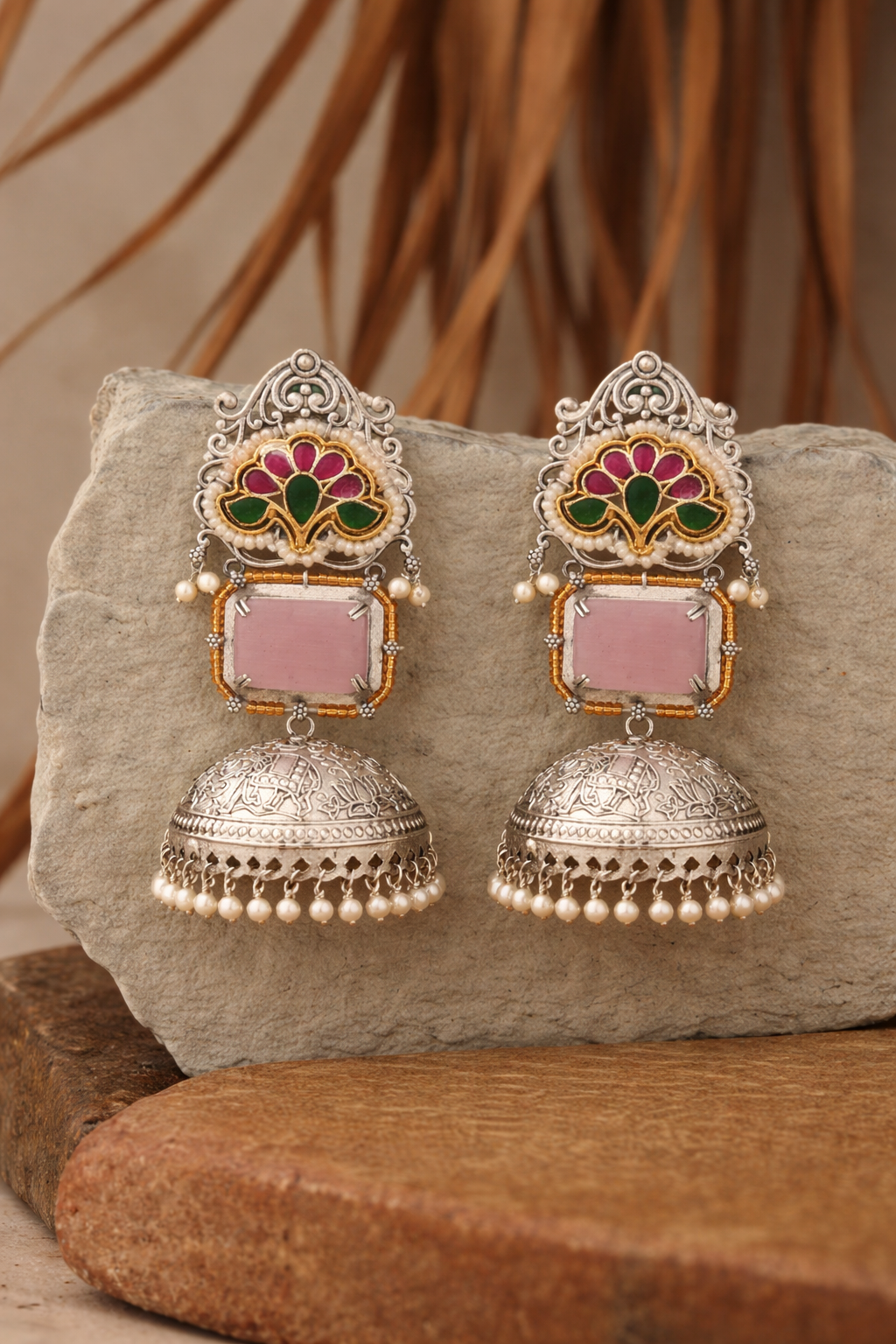 Pink Green Floral Silver Finish Jhumka Earrings