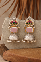 Pink Green Floral Silver Finish Jhumka Earrings