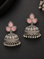 Pink Turquoise Jhumka Silver Finish Earrings