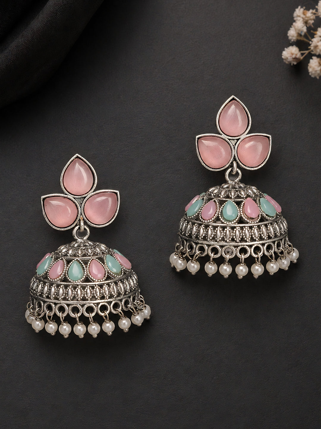 Pink Turquoise Jhumka Silver Finish Earrings