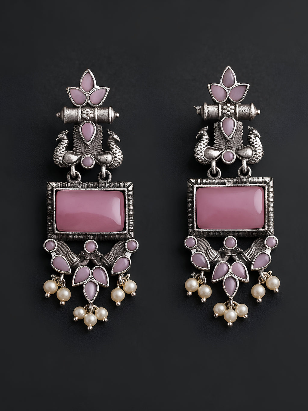Pink Stone Silver tone finish Ethnic Jhumki Earrings