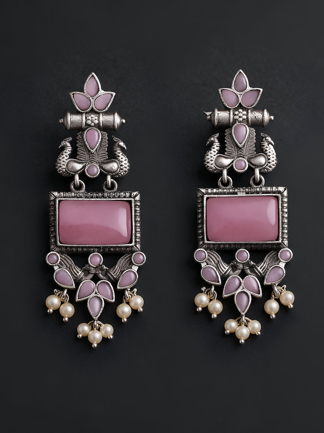 Pink Stone Silver tone finish Ethnic Jhumki Earrings