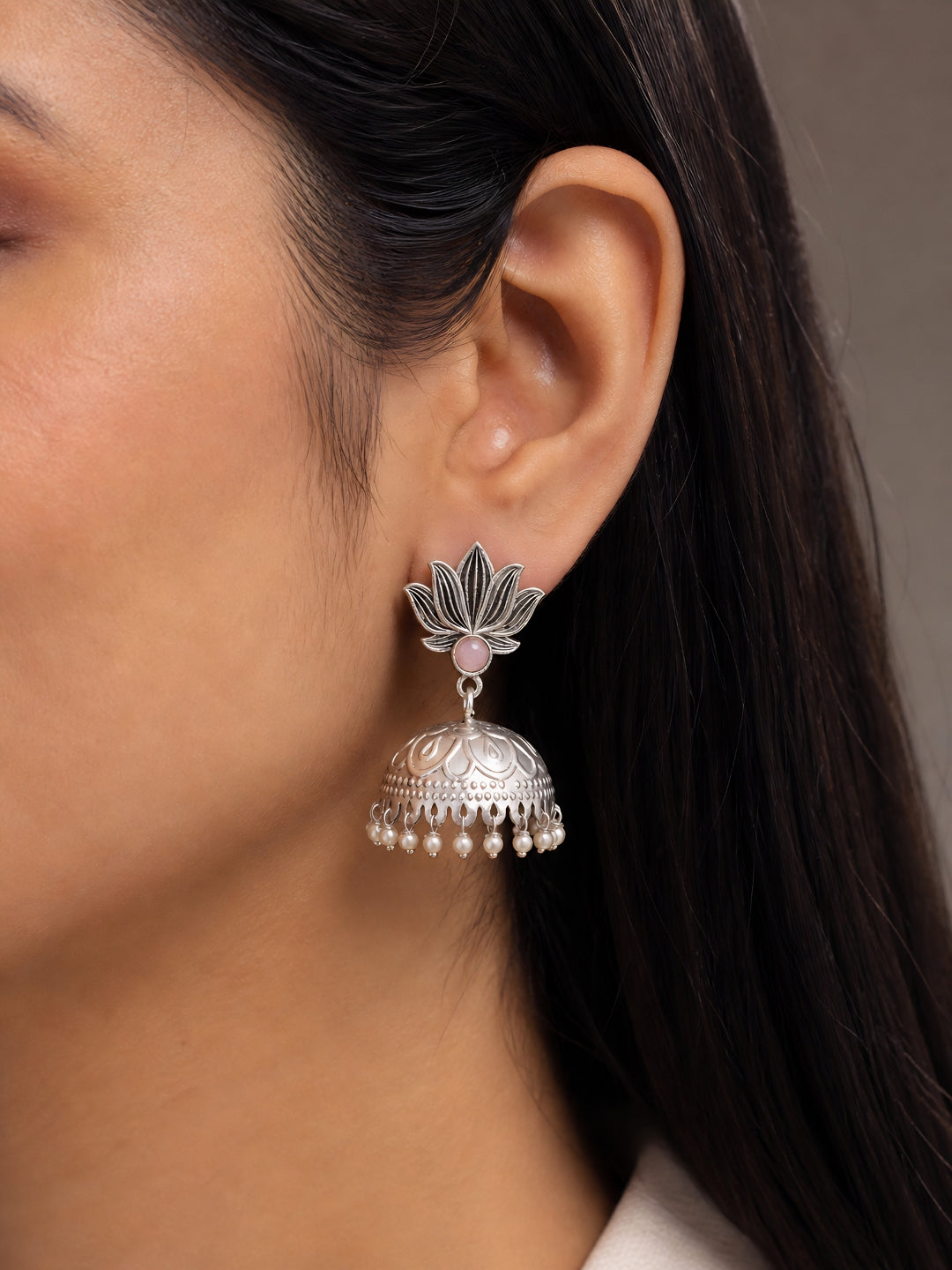 Pink Stone Lotus Silver finish Jhumki Earrings