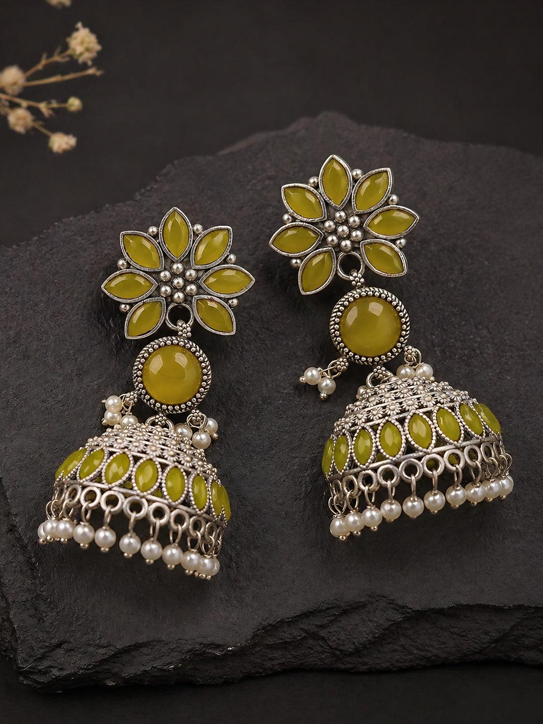 Yellow Floral Silver finish Jhumki Earrings