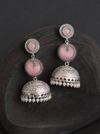 Pink Dome Pearl Drop Silver finish Jhumka