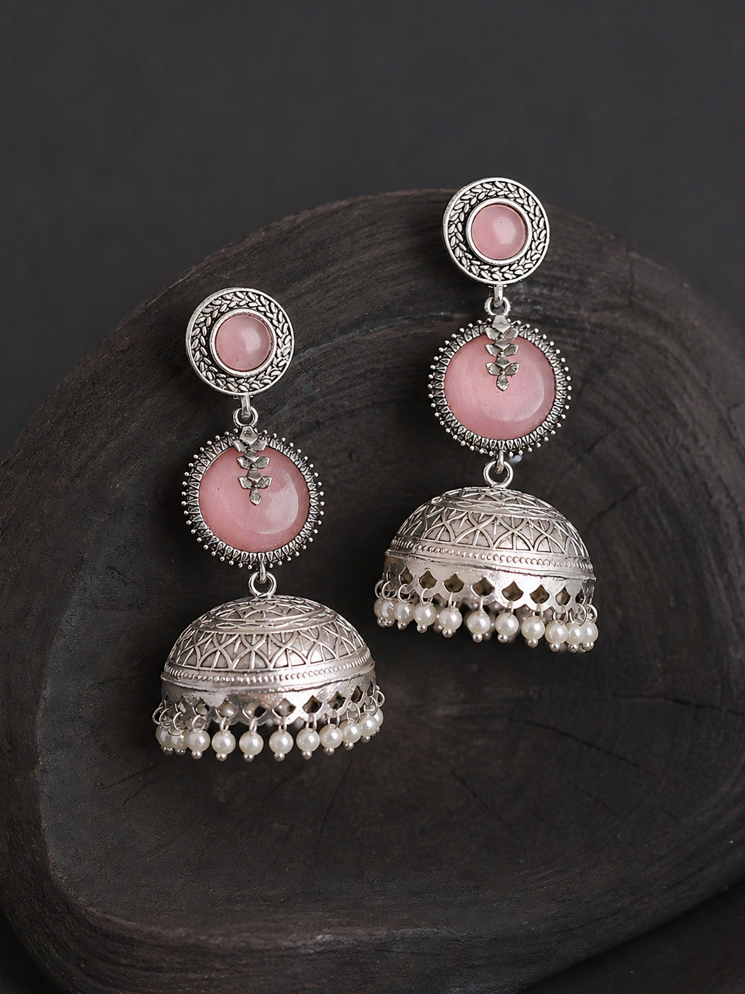 Pink Dome Pearl Drop Silver finish Jhumka